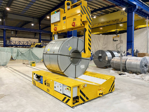 Koľajový manipulačný vozík na prekážanie zvitkov plechov