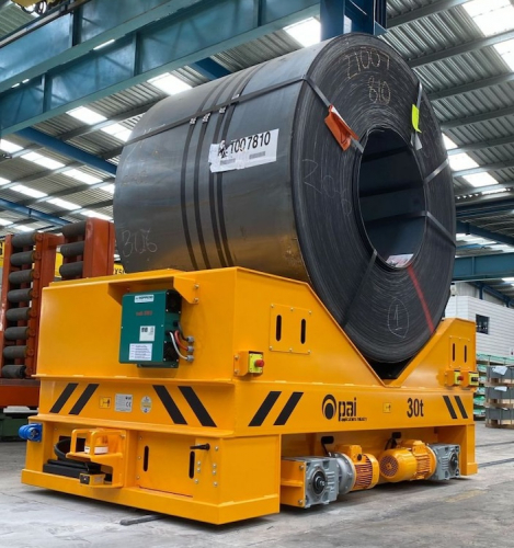 Koľajový manipulačný vozík na prekážanie zvitkov plechov