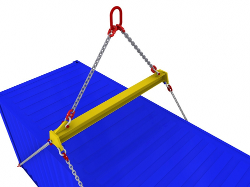 Žeriavová traverza na manipuláciu s kontajnermi<br>Žeriavová traverza s horným závesom, tvorivým dvojramenným väzákom pre vyššiu stabilitu pri preprave