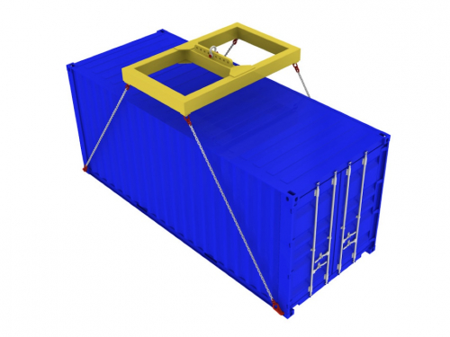 Rámová traverza pre manipuláciu s kontajnermi<br>Rámová žeriavová traverza s prestaviteľným horným závesom. Pozíciu závesu je možné upraviť podľa predpokladaného umiestnenia ťažiska kontajnera