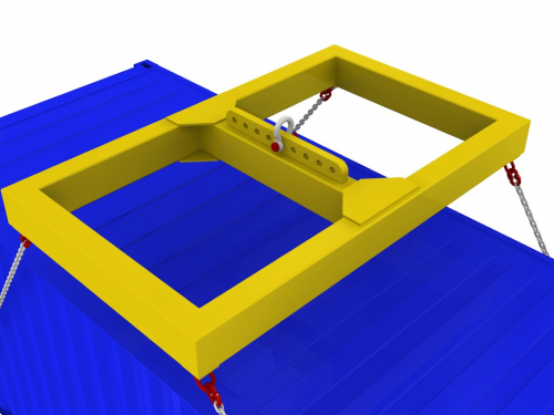 Rámová traverza pre manipuláciu s kontajnermi<br>Rámová žeriavová traverza s prestaviteľným horným závesom. Pozíciu závesu je možné upraviť podľa predpokladaného umiestnenia ťažiska kontajnera