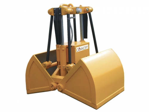 Hydraulický lyžicový drapák<br>Drapáky pre manipuláciu s kusovými alebo sypkými materiály o zrnitosti do 250 mm. Merná hmotnosť materiálu je 0,5 až 2,8 t / m3. Objem bagrov 0,5-10 m3.