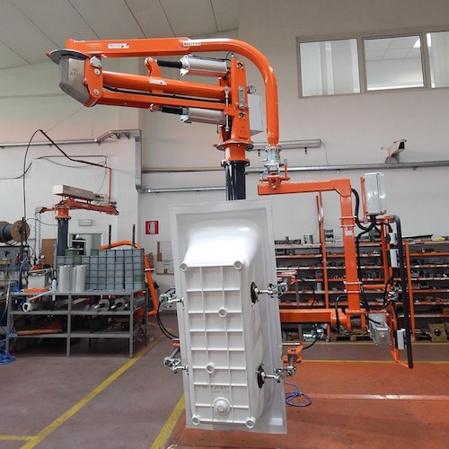 Průmyslové manipulátory pro manipulaci se sanitarní techniikou a keramickými výrobky<br>Otočeníí vany pomocí průmyslového pneumatického manipulátoru s úchopem přísavkami