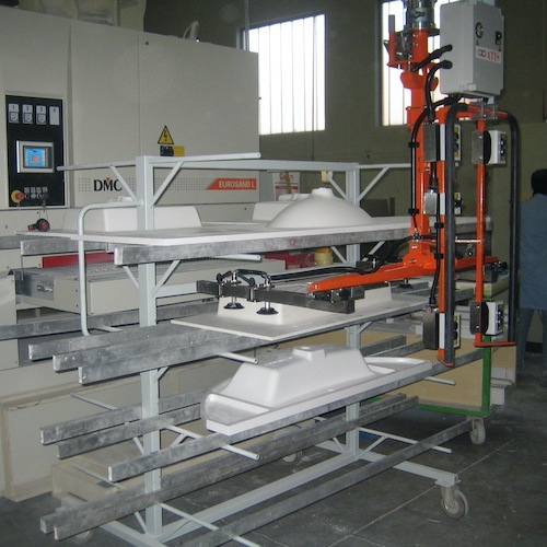 Průmyslové manipulátory pro manipulaci se sanitarní techniikou a keramickými výrobky<br>Přemístění umyvadla pomocí pneumatického manipulátoru s přísavkami
