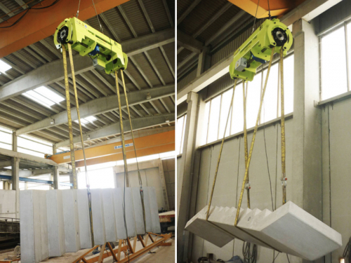 Traverza pro otáčení břemen s pevnou roztečí kladek<br />Zvedání a otáčení prefabríkátu betonového schodiště