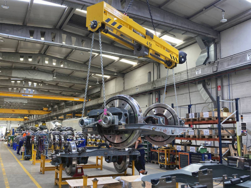 Turnover lifting beam with fixed pulley distance -<br />Handling of railway wheelset
