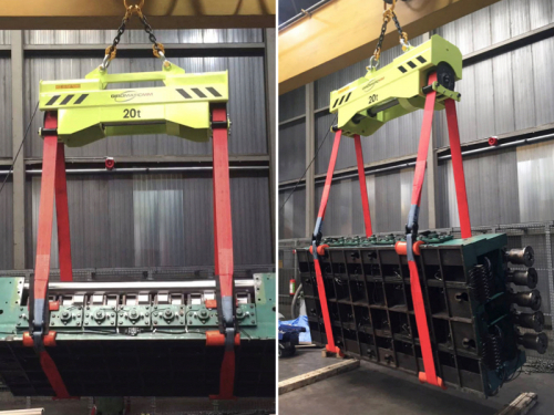 Turnover lifting beam with fixed pulley distance -<br />Lifting and rotating the load