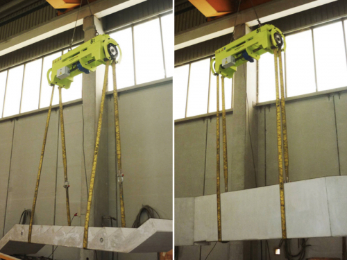 Turnover lifting beam with fixed pulley distance -<br />Rotation of precast concrete